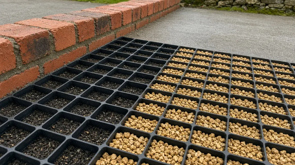 Example image: a gravel stabilising grid beside brick edging