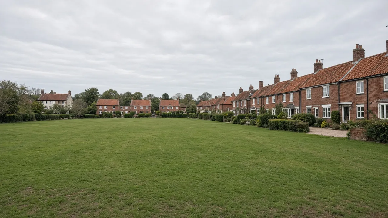 Example image: brick cottages around a village green