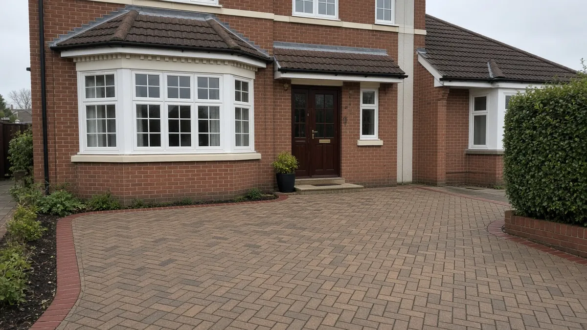 Example image: brindle herringbone block paving outside a 1930s semi