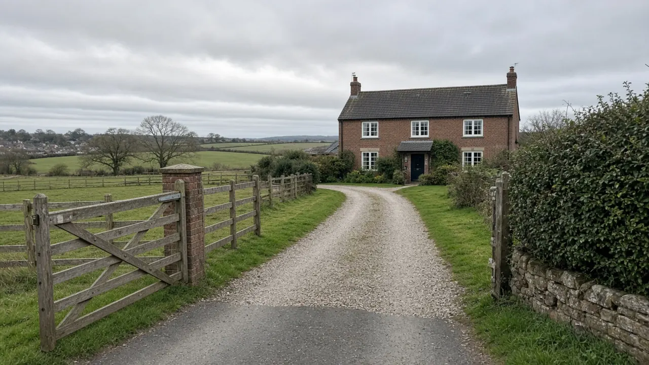 Example image: a long gravel drive to a brick village house with a paved apron at the lane