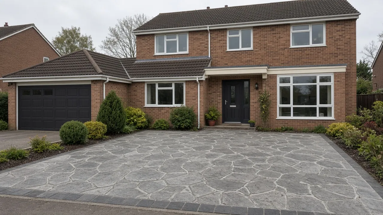 Example image: grey printed concrete driveway with random stone pattern