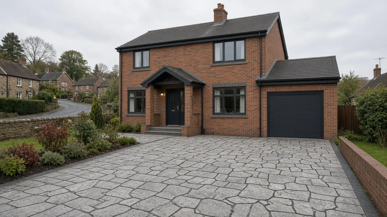 Example image: detached brick house in a North Yorkshire village with a grey imprinted concrete drive