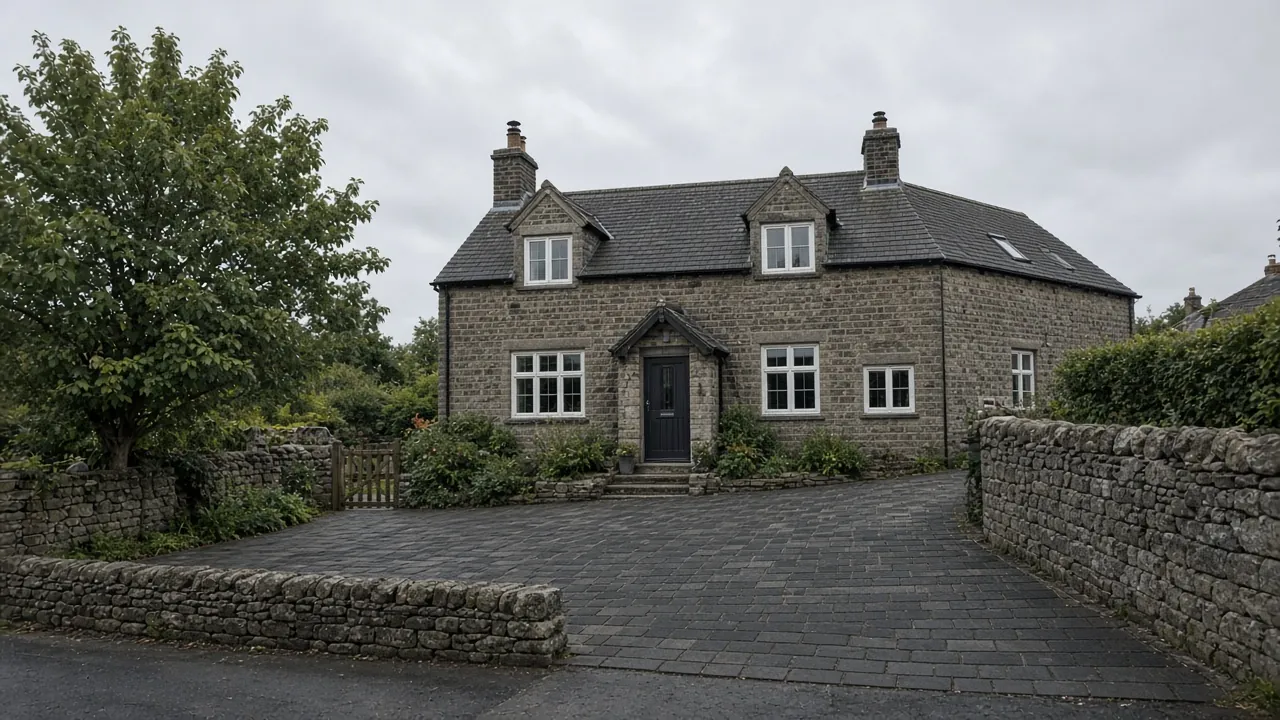 Example image: detached stone house in a Yorkshire village with a block-paved drive set back from the road