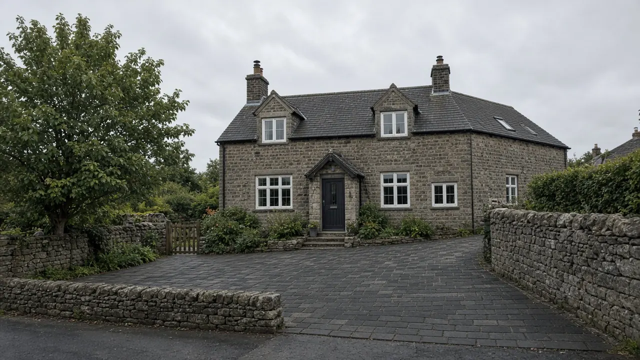 Example image: detached stone house in a Yorkshire village with a block-paved drive set back from the road