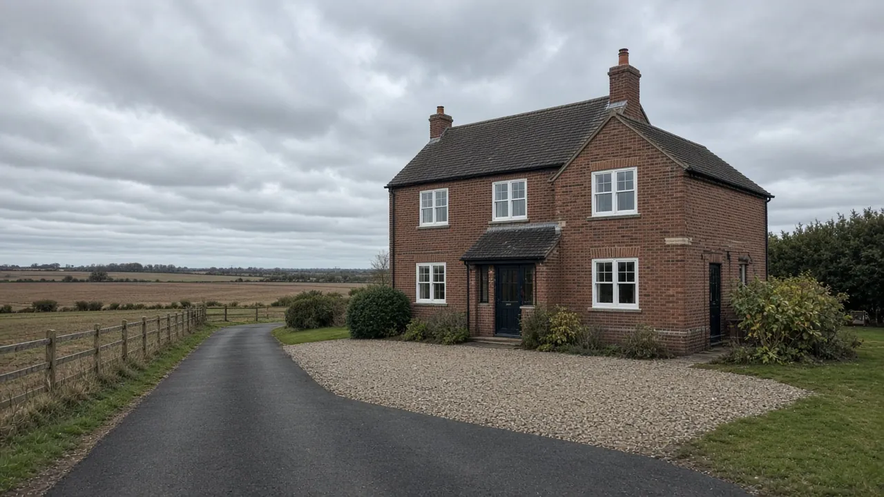 Example image: detached village house near Yafforth with a long tarmac drive and gravel turning area