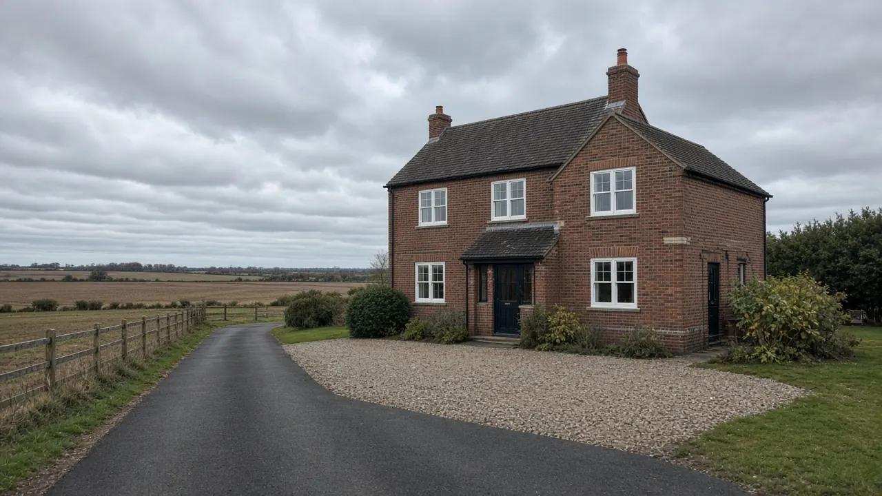 Example image: detached village house near Yafforth with a long tarmac drive and gravel turning area
